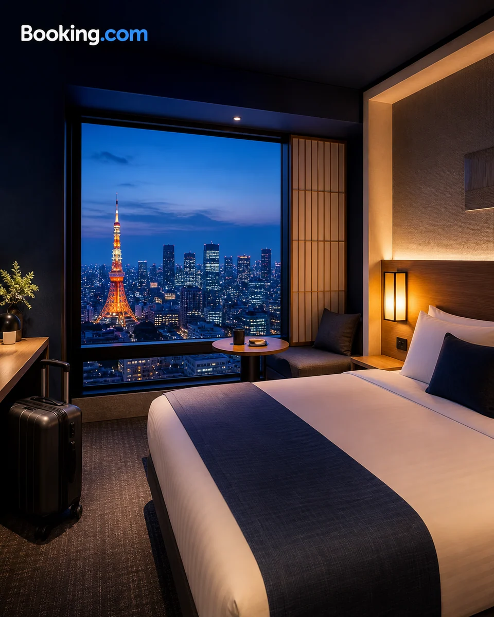 Booking.com hotel room overlooking the Tokyo skyline