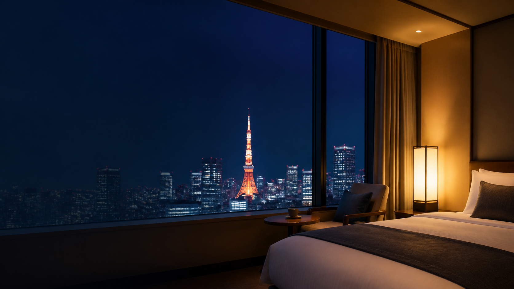 Booking.com hotel room overlooking the Tokyo skyline