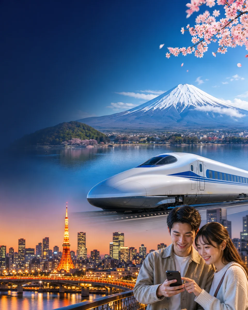 富士山、新幹線與東京夜景組成的日本旅遊畫面